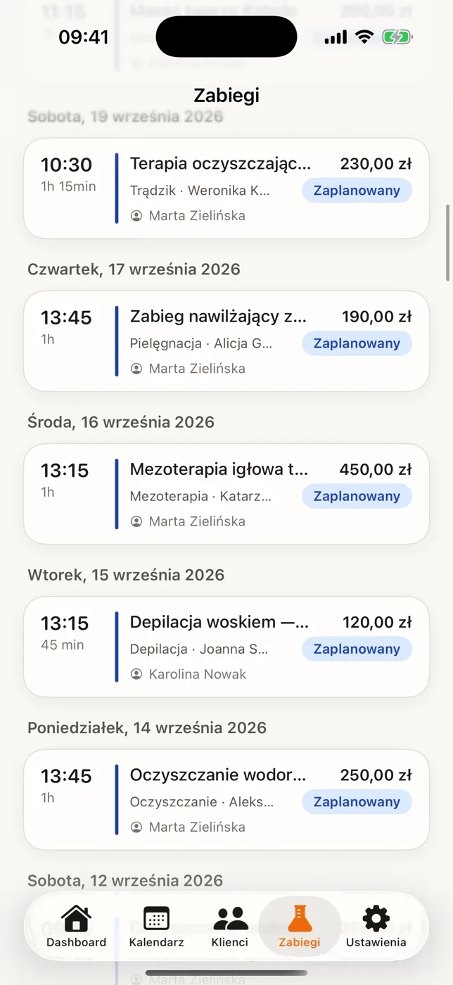 Lista zabiegów w aplikacji FoxyDocsy
